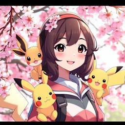 A charming portrait of a dark brown-haired Asian girl Pokemon trainer, radiating confidence and joy as she stands amidst a beautiful cherry blossom background