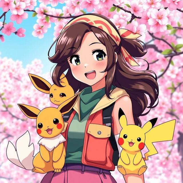 A vibrant portrait of a dark brown-haired Asian girl Pokemon trainer, exuding excitement and determination