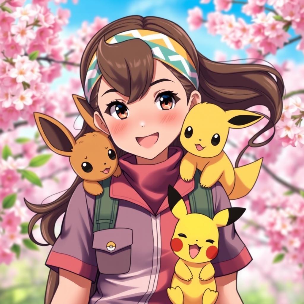 A vibrant portrait of a dark brown-haired Asian girl Pokemon trainer, exuding excitement and determination