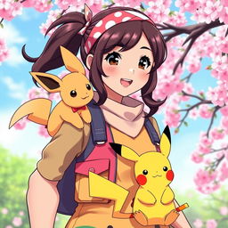 A vibrant portrait of a dark brown-haired Asian girl Pokemon trainer, exuding excitement and determination