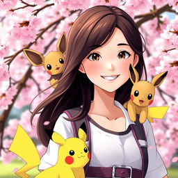 A delightful portrait of a dark brown-haired Asian girl Pokemon trainer, showcasing her vibrant personality with a big smile