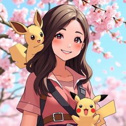 A delightful portrait of a dark brown-haired Asian girl Pokemon trainer, showcasing her vibrant personality with a big smile