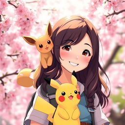A delightful portrait of a dark brown-haired Asian girl Pokemon trainer, showcasing her vibrant personality with a big smile