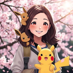 A delightful portrait of a dark brown-haired Asian girl Pokemon trainer, showcasing her vibrant personality with a big smile