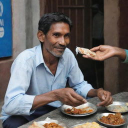 The same person enjoying their meal, while a humble rag-picker respectfully extends his hand for alms in the backdrop.