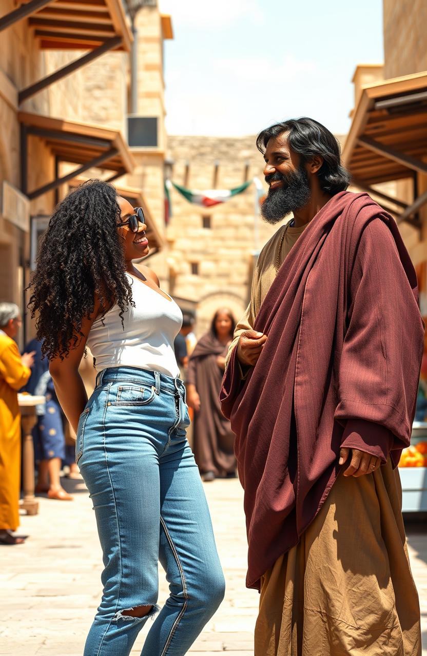 A modern black woman dressed stylishly in jeans, standing in a vibrant marketplace of first century Jerusalem