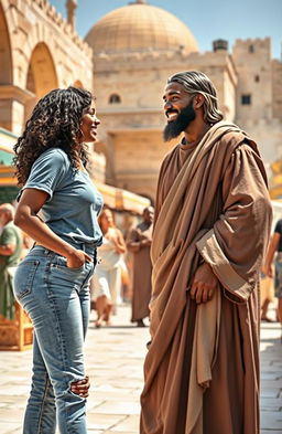 A modern black woman dressed stylishly in jeans, standing in a vibrant marketplace of first century Jerusalem