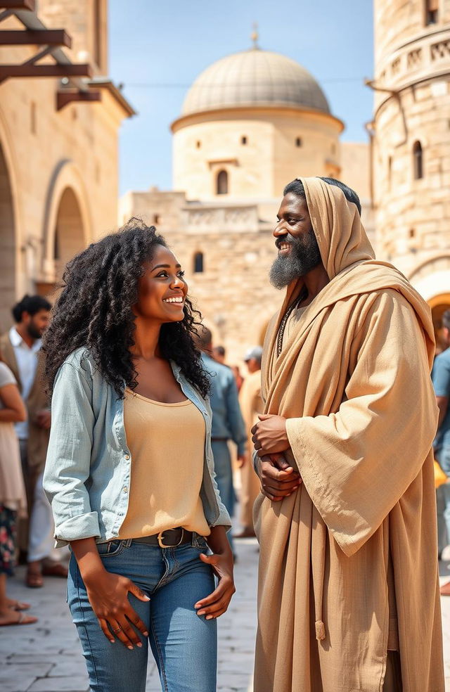 A modern black woman dressed stylishly in jeans, standing in a vibrant marketplace of first century Jerusalem