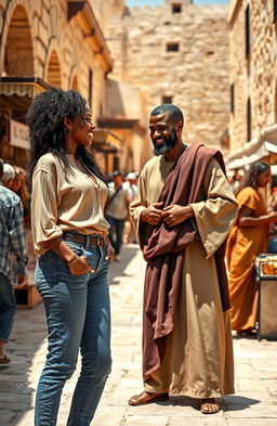 A modern black woman dressed stylishly in jeans, standing in a vibrant marketplace of first century Jerusalem