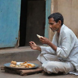 The same person enjoying their meal, while a humble rag-picker respectfully extends his hand for alms in the backdrop.