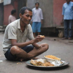 The same person enjoying their meal, while a humble rag-picker respectfully extends his hand for alms in the backdrop.