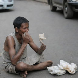 The same person enjoying their meal, while a humble rag-picker respectfully extends his hand for alms in the backdrop.