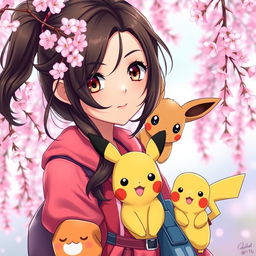 A captivating portrait of a dark brown-haired Pokemon trainer girl, showcasing her adventurous spirit