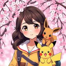 A captivating portrait of a dark brown-haired Pokemon trainer girl, showcasing her adventurous spirit