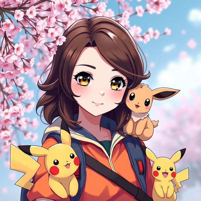 A captivating portrait of a dark brown-haired Pokemon trainer girl, showcasing her adventurous spirit