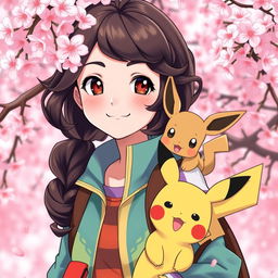 A charming portrait of a dark brown-haired Pokemon trainer girl, radiating a sense of adventure and joy