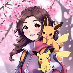 A charming portrait of a dark brown-haired Pokemon trainer girl, radiating a sense of adventure and joy