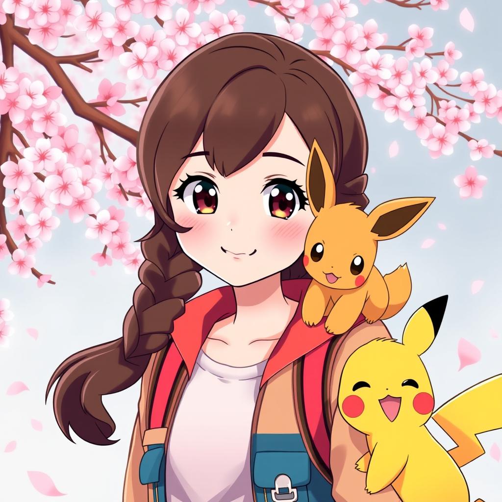 A charming portrait of a dark brown-haired Pokemon trainer girl, radiating a sense of adventure and joy