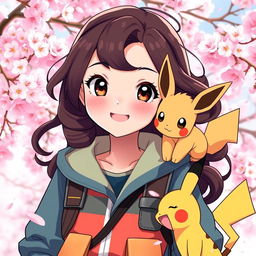A charming portrait of a dark brown-haired Pokemon trainer girl, radiating a sense of adventure and joy