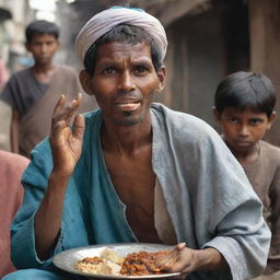 Depict the person eating their meal, now showing a disgruntled expression as they wave away the rag-picker asking for alms.