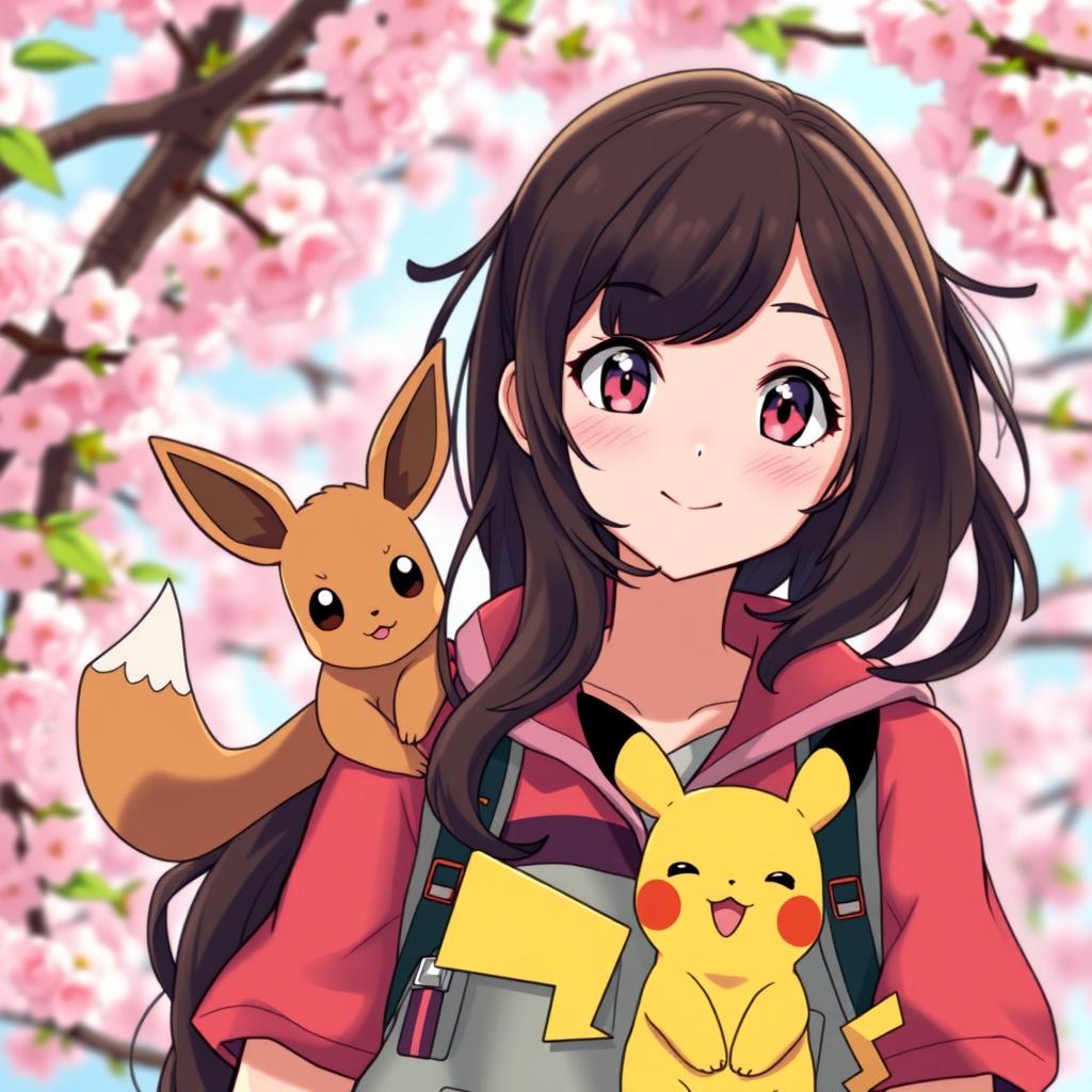 A vibrant portrait of a dark brown-haired Pokemon trainer girl, exuding charisma and excitement for adventure