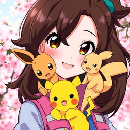 A vibrant portrait of a dark brown-haired Pokemon trainer girl, exuding charisma and excitement for adventure