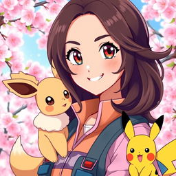 A vibrant portrait of a dark brown-haired Pokemon trainer girl, exuding charisma and excitement for adventure
