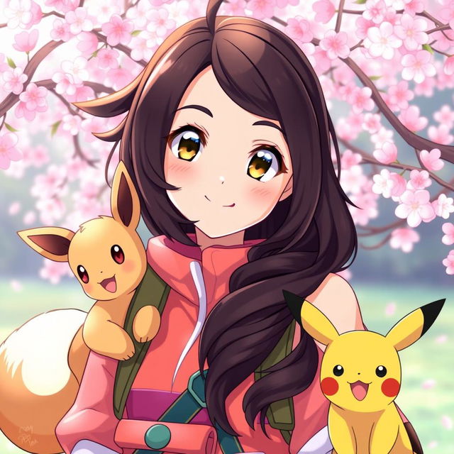 A vibrant portrait of a dark brown-haired Pokemon trainer girl, exuding charisma and excitement for adventure