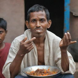 Depict the person eating their meal, now showing a disgruntled expression as they wave away the rag-picker asking for alms.