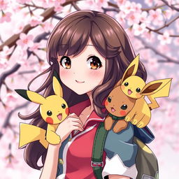 A delightful portrait of a dark brown-haired Pokemon trainer girl, full of excitement and charm