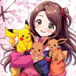 A delightful portrait of a dark brown-haired Pokemon trainer girl, full of excitement and charm