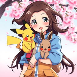 A delightful portrait of a dark brown-haired Pokemon trainer girl, full of excitement and charm