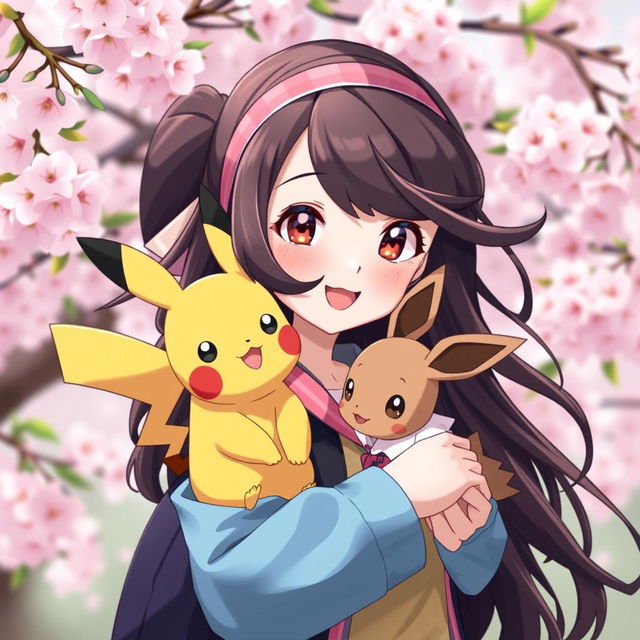 A delightful portrait of a dark brown-haired Pokemon trainer girl, full of excitement and charm