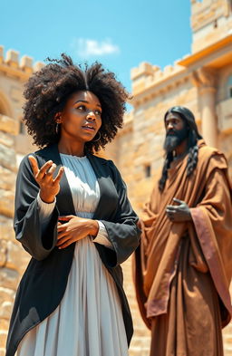 A modern day black woman dressed in a lawyer's gown, passionately arguing her case in a vibrant first century Jerusalem