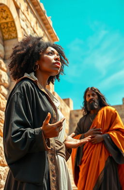 A modern day black woman dressed in a lawyer's gown, passionately arguing her case in a vibrant first century Jerusalem