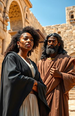 A modern day black woman dressed in a lawyer's gown, passionately arguing her case in a vibrant first century Jerusalem