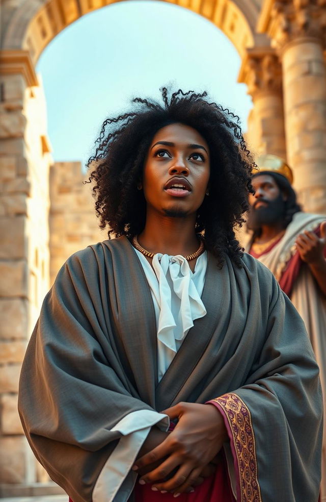 A modern day black woman dressed in a lawyer's gown, passionately arguing her case in a vibrant first century Jerusalem