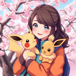 A captivating portrait of a dark brown-haired Pokemon trainer girl, exuding warmth and enthusiasm