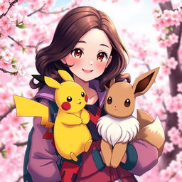 A captivating portrait of a dark brown-haired Pokemon trainer girl, exuding warmth and enthusiasm