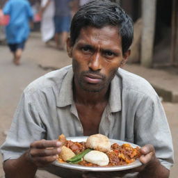 Depict the person eating their meal, now showing a disgruntled expression as they wave away the rag-picker asking for alms.