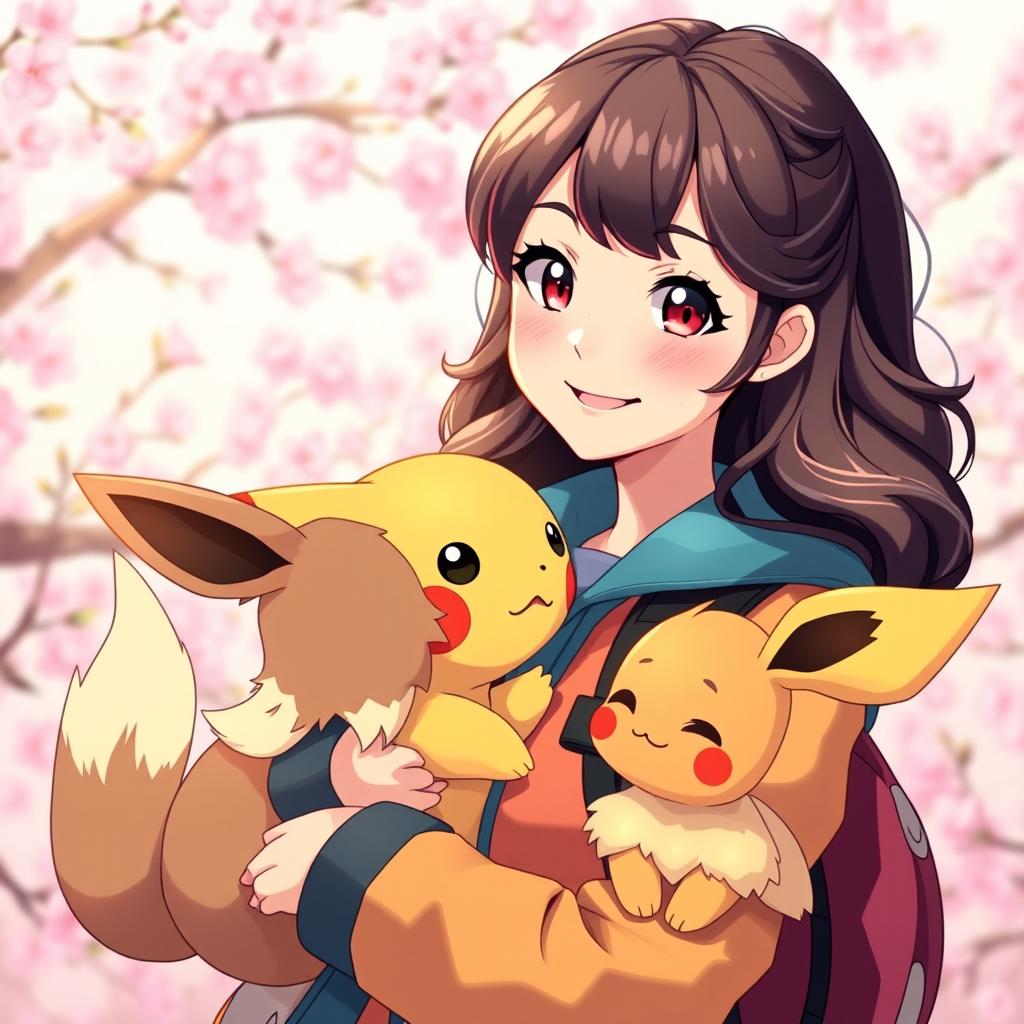 A captivating portrait of a dark brown-haired Pokemon trainer girl, exuding warmth and enthusiasm