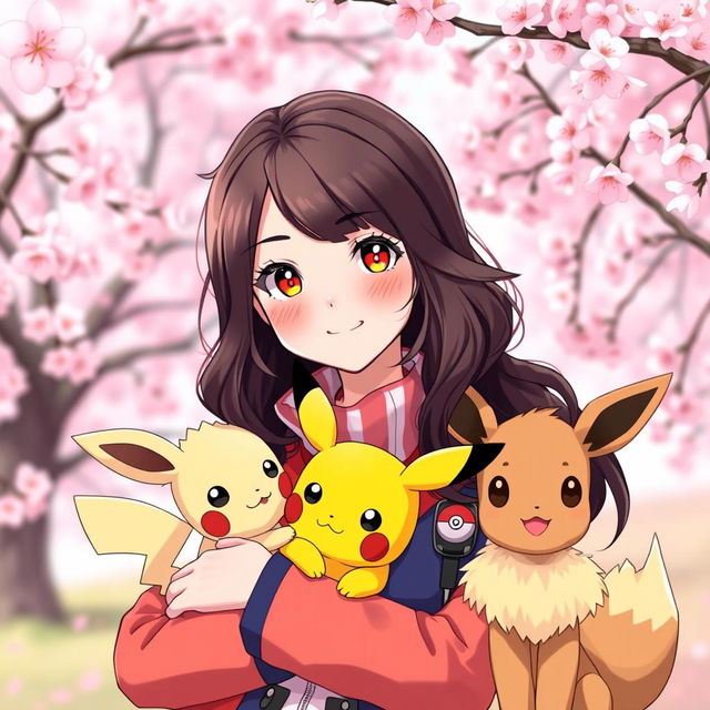 A captivating portrait of a dark brown-haired Pokemon trainer girl, exuding warmth and enthusiasm