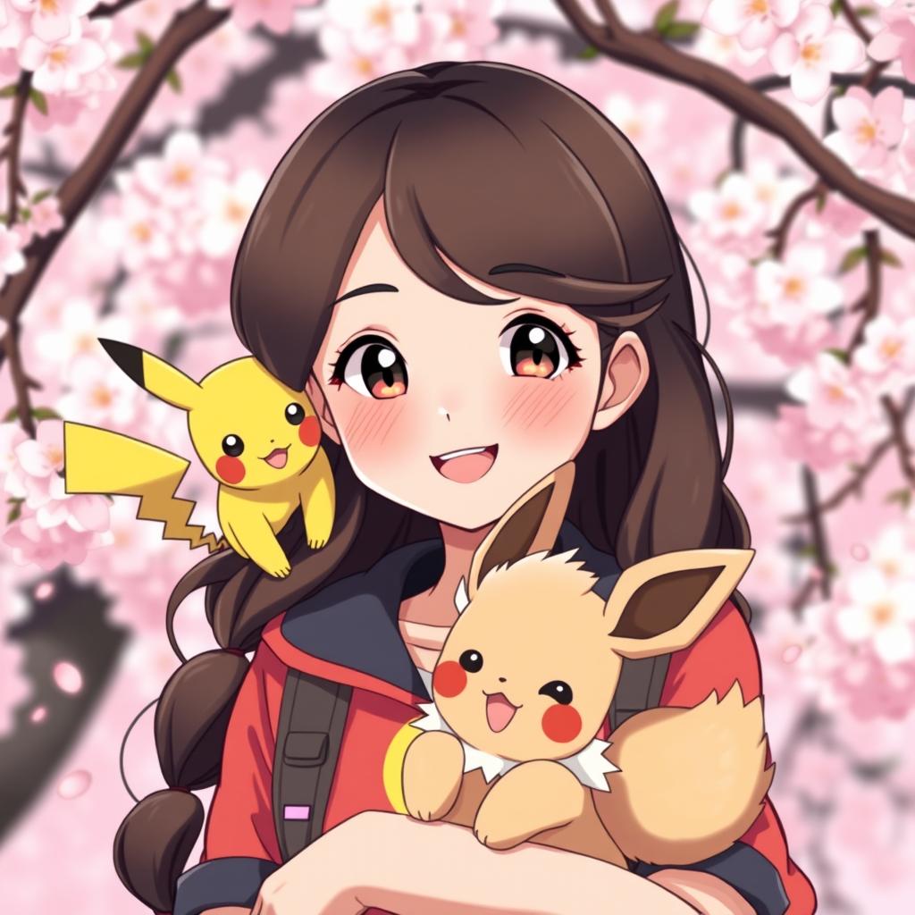 A charming portrait of a dark brown-haired Pokemon trainer girl, radiating enthusiasm and adventure