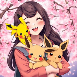 A charming portrait of a dark brown-haired Pokemon trainer girl, radiating enthusiasm and adventure