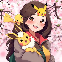 A charming portrait of a dark brown-haired Pokemon trainer girl, radiating enthusiasm and adventure