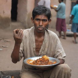 Depict the person eating their meal, now showing a disgruntled expression as they wave away the rag-picker asking for alms.