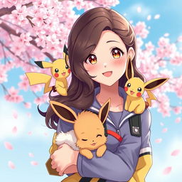 A vibrant portrait of a dark brown-haired Pokemon trainer girl, brimming with energy and enthusiasm