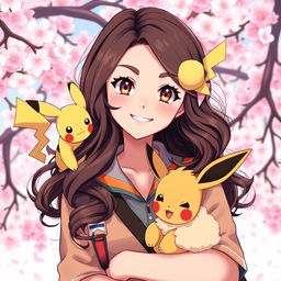 A vibrant portrait of a dark brown-haired Pokemon trainer girl, brimming with energy and enthusiasm