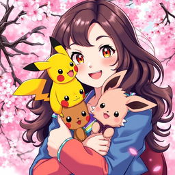 A vibrant portrait of a dark brown-haired Pokemon trainer girl, brimming with energy and enthusiasm