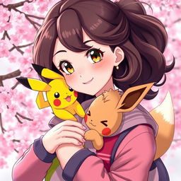 A vibrant portrait of a dark brown-haired Pokemon trainer girl, brimming with energy and enthusiasm
